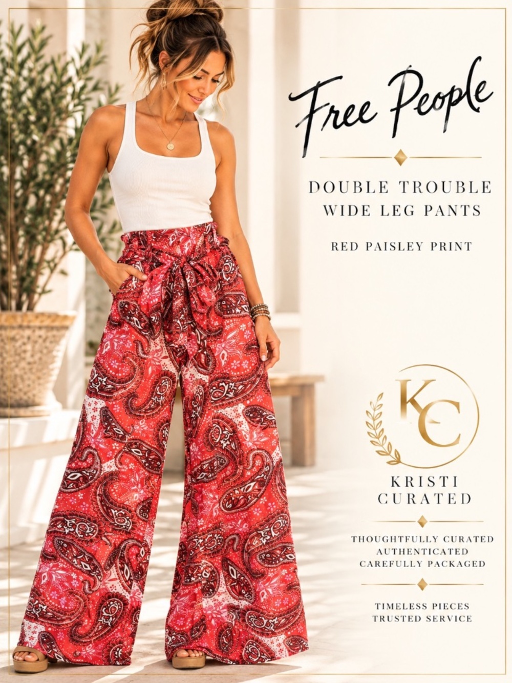Free People Double Trouble Wide Leg Pants Red Paisley Size Small NWOT